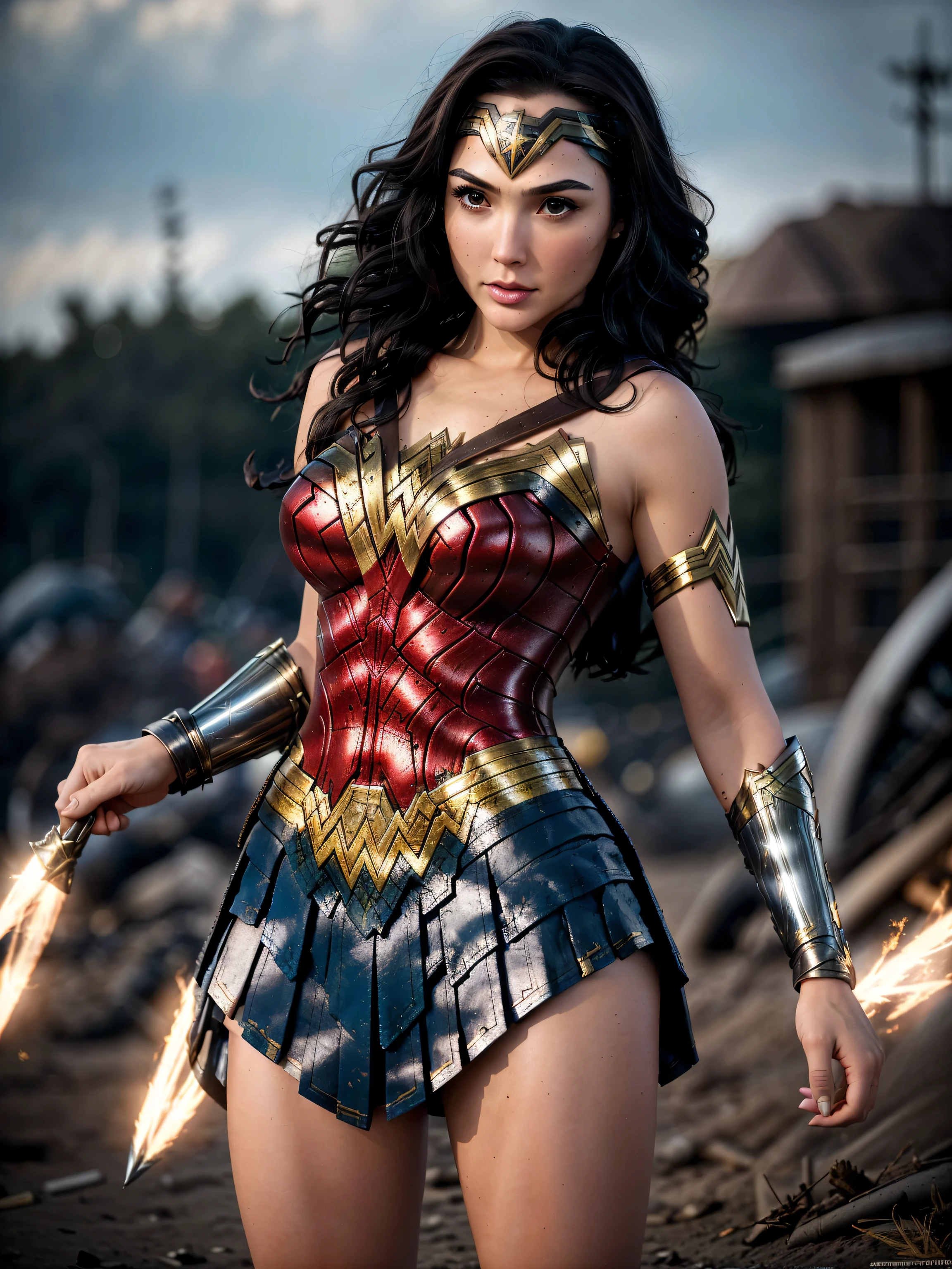 photorealistic Realism 8K, 16K, Quality: (Hyper absurd quality, extremely detailed detail, hyper resolution, clear sharp focus, not blurry, Realistic brown_eyes), ((perfect dark_eyeshadows:1.45)), (super Detailed, beautiful little nose:1.2), (perfect composition), (Wonder Woman Cosplay), incredibly similar to the original outfit from the WW movie, dynamic stance, face focused on the target in the distance, ready to fight, ((Neon Wonder Woman Lasso Of Truth)), beautiful cheekbones, double eyelids, dslr, best high quality soft lighting, sharp focus captured by Fujifilm XT3, f 5.6, in a dramatic lighting, ((perfect composition)), ((pale skin)), ((dry skin)), (((clear and detailed film scene from World War II battlefield), ultra absurd details quality:1.3)), (luxury leather Wonder Woman Cosplay:1.35),(Red pleated mini skirt:1.4),