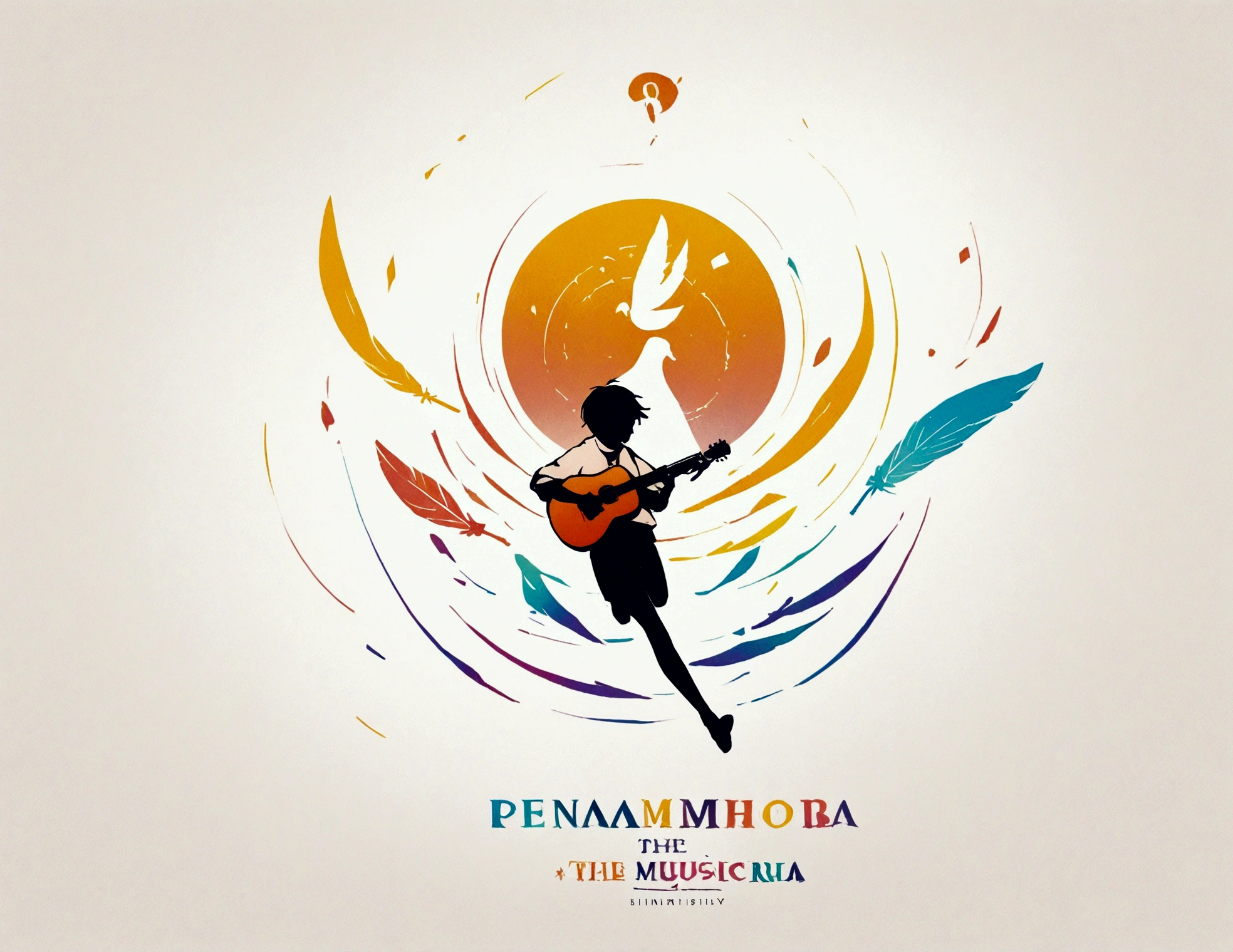 Create a modern, minimalistic logo design for a brand about music and movies called " PENAMEMORIA" . The logo must be in minimalistic style and convey a sense of storytelling. The logo is a simple silhouette of a boy happily running with open arms and holding an acoustic guitar in his right hand. The boy is playing with a bird and a feather. Modern logo, unique, creative, fantastic, impressed on a white- shirt. Logo design with light colors
