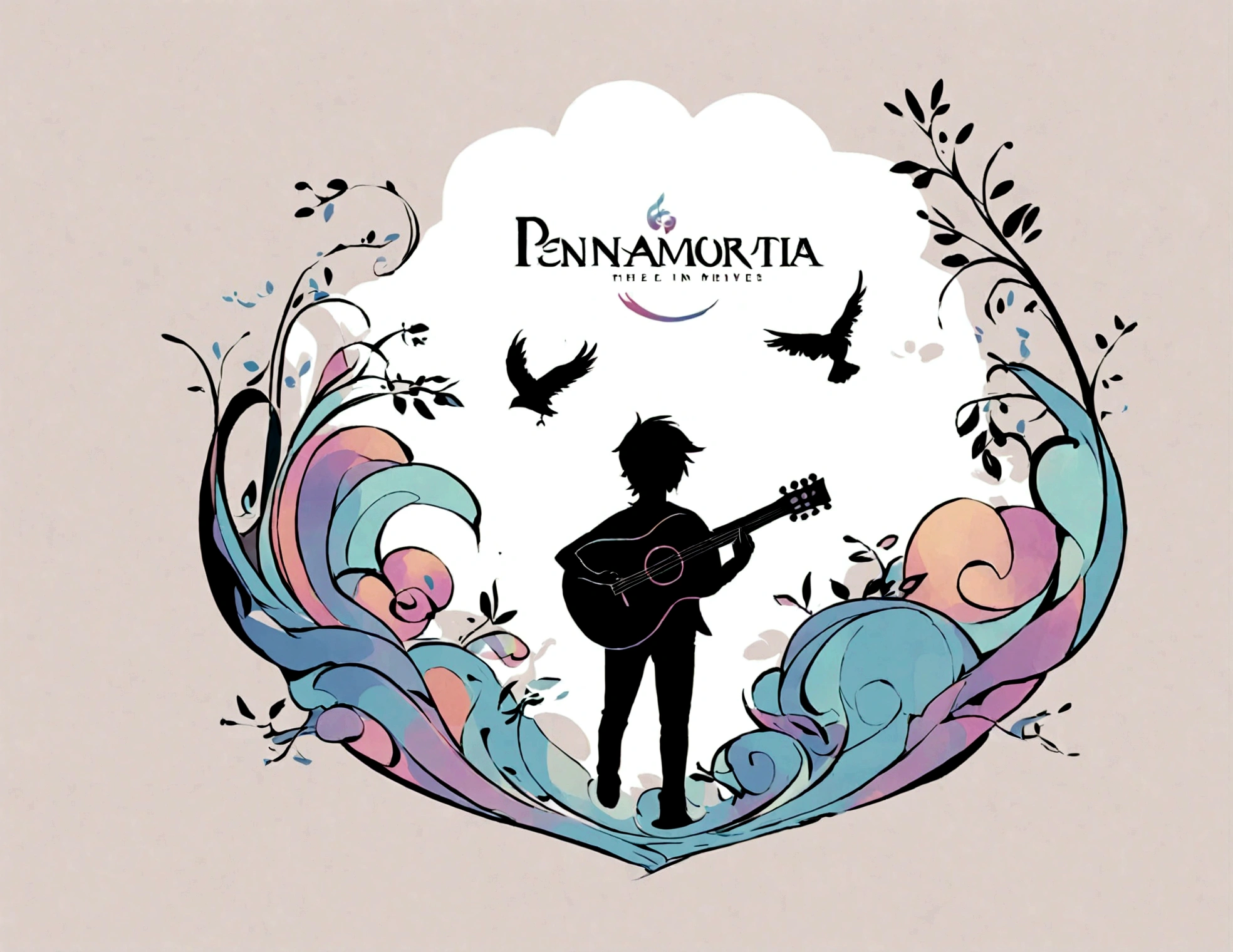 Create a modern, minimalistic logo design for a brand about music and movies called " PENAMEMORIA" . The logo must be in minimalistic style and convey a sense of storytelling. The logo is a simple silhouette of a boy happily running with open arms and holding an acoustic guitar in his right hand. The boy is playing with a bird and a feather. Modern logo, unique, creative, fantastic, impressed on a white- shirt. Logo design with light colors