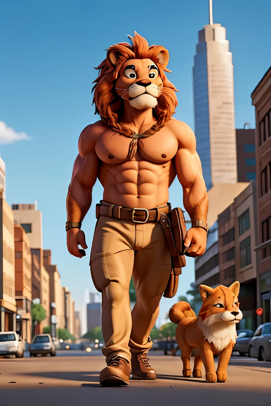 A muscled lion walks with his fox friend downtown