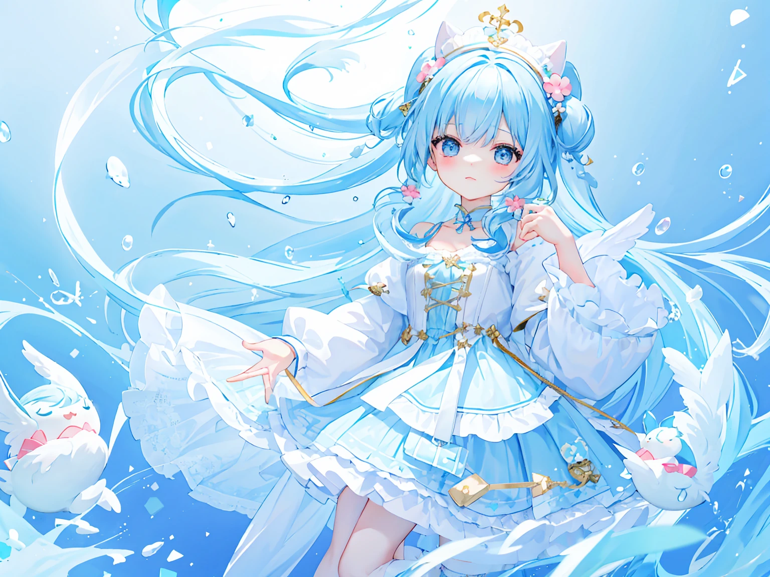 (((light blue long hair))), light blue hair,((blush)), ((a sticker:1.5))), ((chibi character)), (white backgrounid), fluffly, Girl vs, Wizard costume, full body Esbian, pastel-colored hair, Pastel colors hair, fairytale-like, T-shirt design, tmasterpiece, best qualtiy,Shining eyes、Cute Baby Turtle!!tchibi!!!,(Chibi Yara)