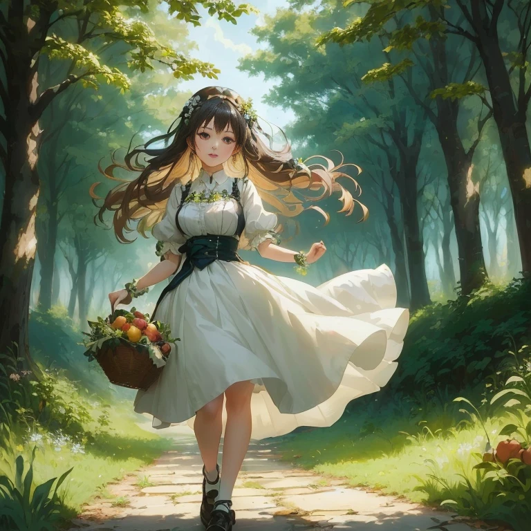 anime girl walking in the woods with a basket of fruit, a maid in a magical forest, anime lush john 8k woods, guweiz, the anime girl is running, guweiz on pixiv artstation,  in dress, artwork in the style of guweiz, anime visual of a cute girl, a sexy maid in a magical forest