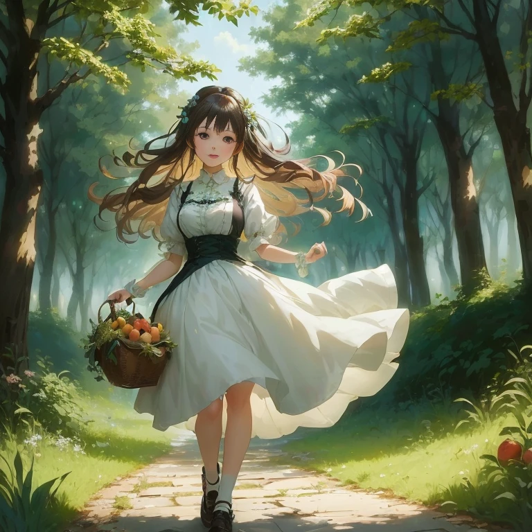 anime girl walking in the woods with a basket of fruit, a maid in a magical forest, anime lush john 8k woods, guweiz, the anime girl is running, guweiz on pixiv artstation,  in dress, artwork in the style of guweiz, anime visual of a cute girl, a sexy maid in a magical forest