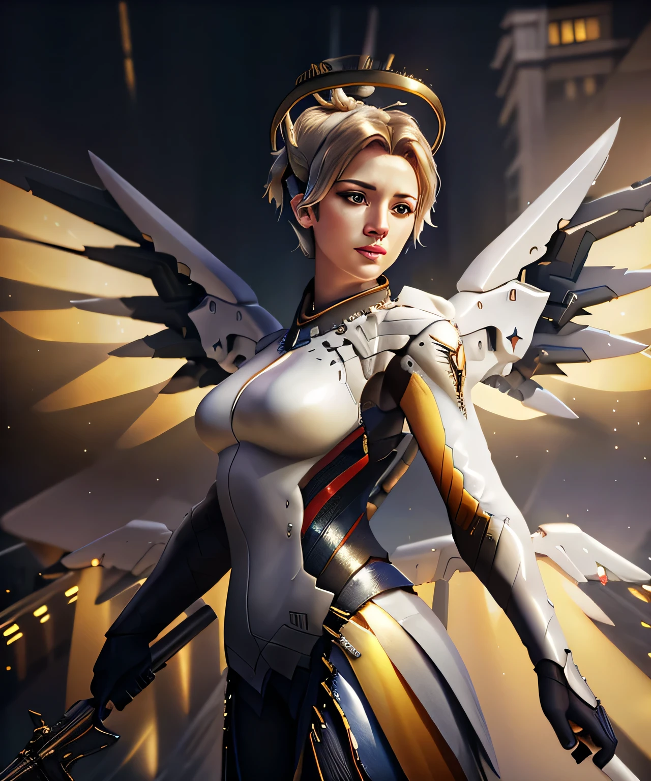 (dark theme:0.9), a woman, mercy, wings, posing, by conor harrington (hdr:1.22), muted colors, complex background, hyperrealism, hyperdetailed, amandine van ray