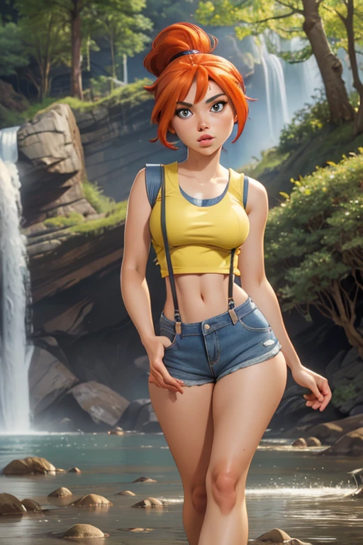 (masterpiece), best quality, expressive eyes, perfect face, (woods and waterfall background), (standing), (smirk), (front view), (1girl, age 18+, Scarlett Johansson, fair skin skin, orange hair, short hair, side-ponytail hairstyle, blue eyes, hourglass figure, thin body, skinny body, petite_body, small breasts, wide hips, thick thighs), (misty pokemon outfit, misty, (yellow_tanktop), croptop, sleeveless, shorts, suspenders),