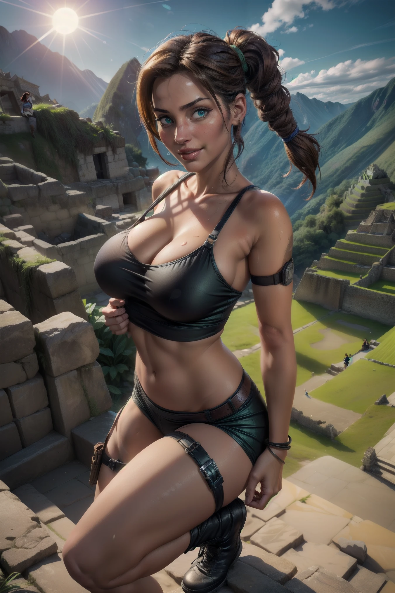 Tomb Raider epic scene Realistic 2,5D masterpiece,( vivid colors, amazing blue sky with a huge bright sun ), 8k , HDR+ultra high quality image showing a beautiful and sexy Lara Croft , she teasing the viewer ,( perfect tight body with huge natural breast and round bubble butt ) , (((Lara Croft typical clothes))) , her breast popping in her sexy camisole , huge revealing neckline, she wear a small green kaki short , black military boots and one holster gun strapped on her leg , magnificent skin with a realistic look, glistening with sweat, reflecting the reflections of light in an ultra-realistic way , shown to have a fairly slender figure. She has dark brown hair , she has long hair with a pony tail and large seductive pale green eyes, seductive smile, ((The Machu Picchu ruins appear really far away in the background , realistic and detailed Machu Picchu )) , in a epic Tomb Raider style scene, ((full body shot view)) in a natural and dynamic pose , ((the amazing vivid blue sky is full of bright colors, reflecting the light of the shinny sun on her perfect skin. The big gorgeous shinning sun adds a magical atmosphere to the photo, and highlights the beauty of the moment . (((The seductive smile and cute expression on the girl's face and her playful eyes teasing the viewer add an element of hotness and erotic tension to the picture))). While the splendor of the scene in the background in the style of a tomb raider epic scene reflect the girl's exploration and adventurous spirit., huge cleavage exposed, huge round breasts, superior quality, many details, Puri focus Sharp and realistic , cropped top and a small mini green short , perfect hands, detailed hands, perfect eyes, detailed eyes, realistic, HDR, UHD, dynamic