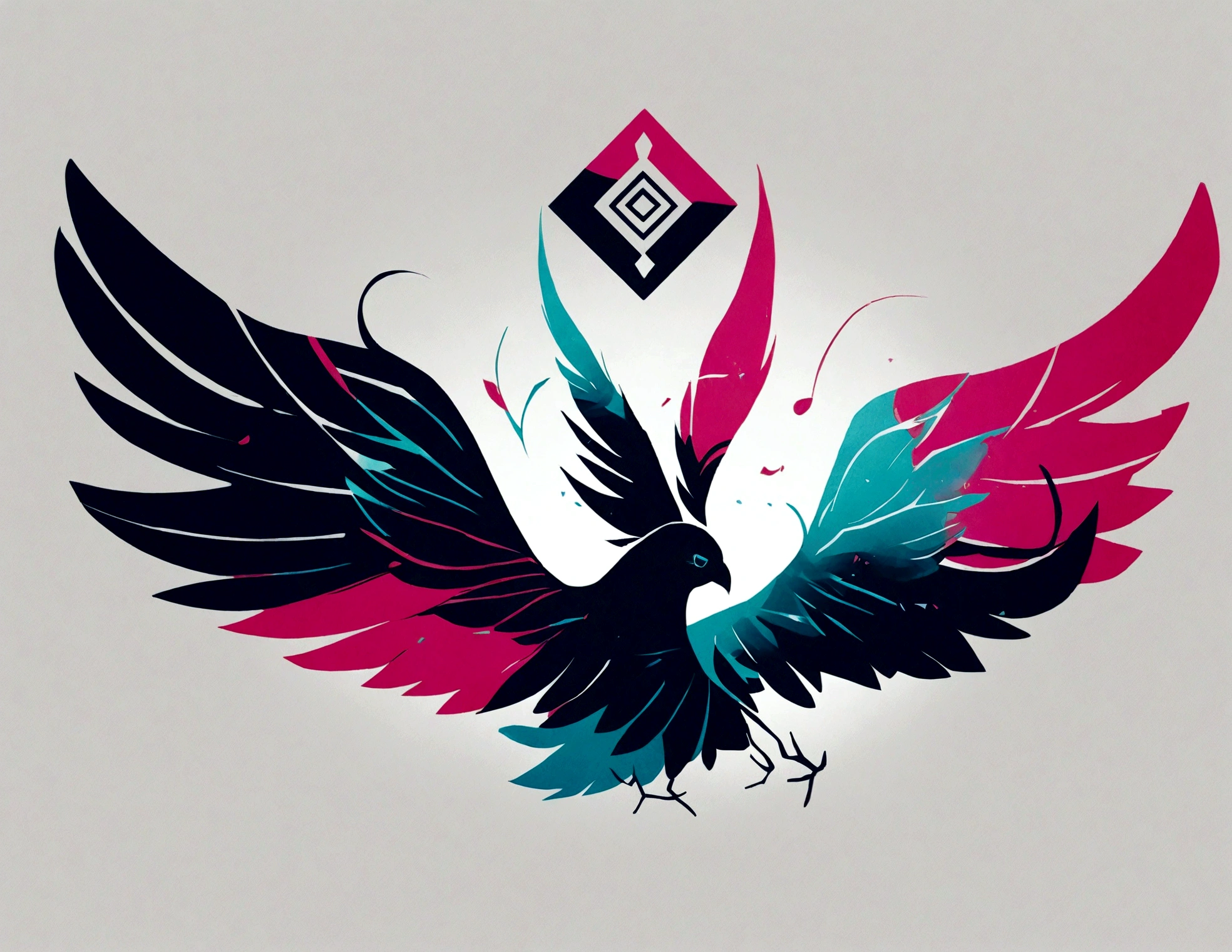 Create a cinematic, abstract symbol for a film production company based on stories and music. The logo should represent the companionship between a boy musician, A Storyteller Fantasy Bird and a Dreamy Feather. Minimalist symbol design. Logo of half a feather, half a boy
