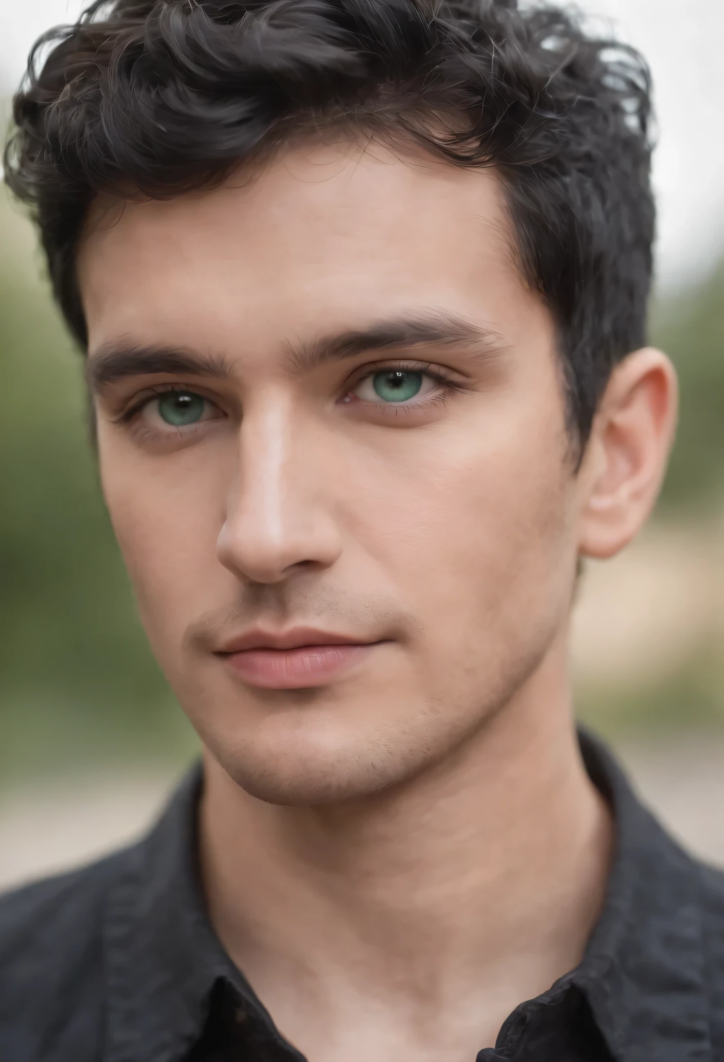 Homme, square face, emerald eyes, Short curly black hair, nez normal classique, bouche pulpeuse, long cils, sourcils épées noirs