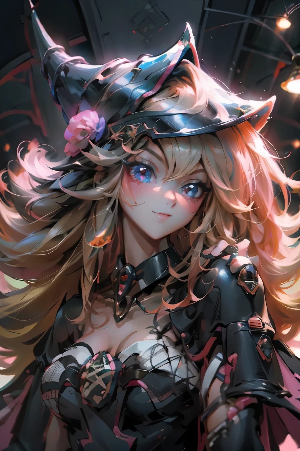 Hermoso rostro de dark magician gils, ojos azules. Labios rosados. Cabello rubio y largo. Ombros descubiertos, sonrisa angelical, hermoso rostro bien detallados de dark magician gils.