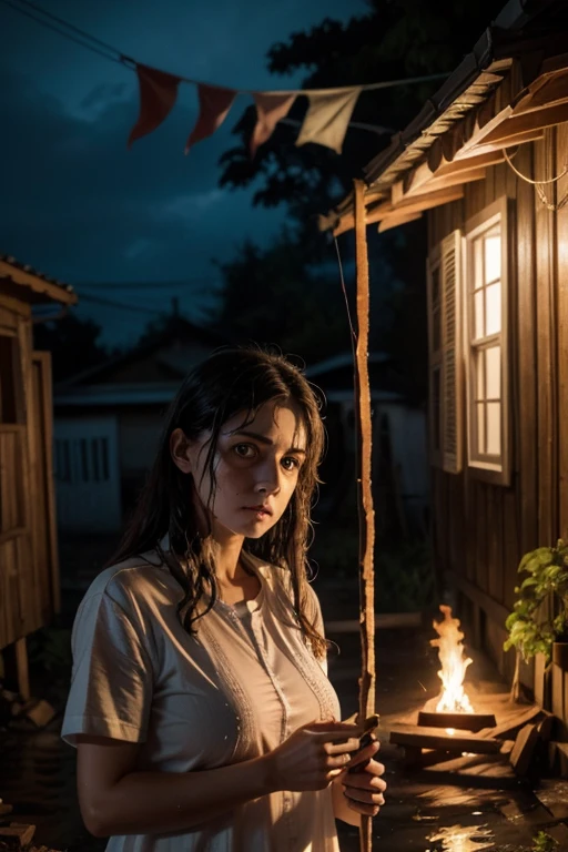 TentacleHorrorAI numa noite chuvosa, a woman holds a wet piece of firewood. Behind her a house with June flags, no lado da mulher, an extinguished Saint John&#39;s bonfire
