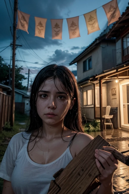 TentacleHorrorAI numa noite chuvosa, a woman holds a wet piece of firewood. Behind her a house with June flags, no lado da mulher, an extinguished Saint John&#39;s bonfire