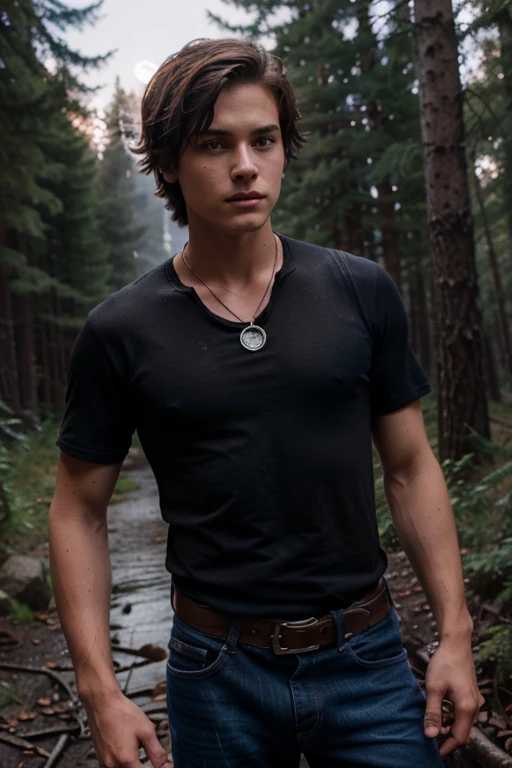 Benny Weir, Atticus Mitchel, Teen Wolf, 16 years old, short messy brown hair, blue eyes, ninja outfit with red bandana, silver moon pendant, black jeans, black misty forest background.