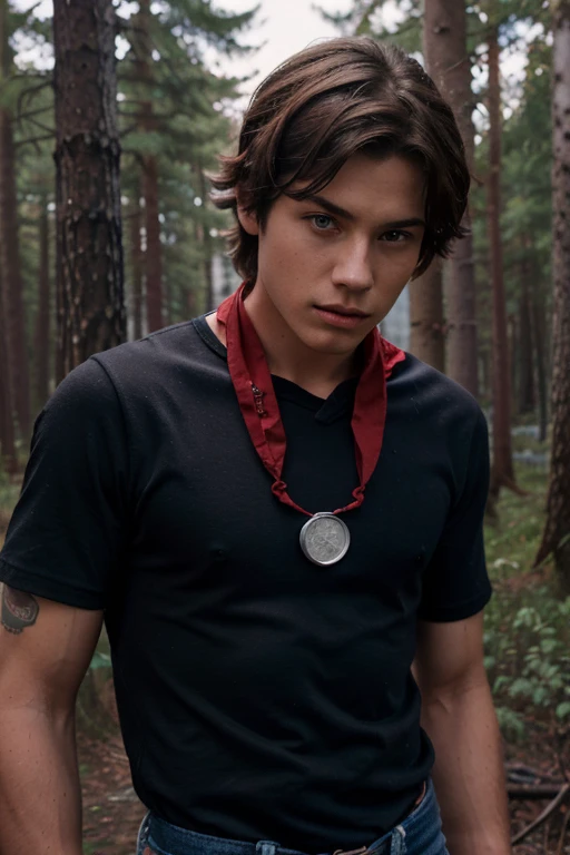 Benny Weir, Atticus Mitchel, Wolf, 16 yort messy brown hair, blue eyes, ninja outfit with red bandana, silver moon pendant, black jeans, black misty forest background.