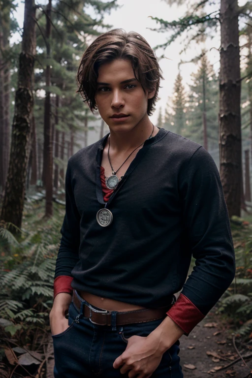 Benny Weir, Atticus Mitchel, Teen Wolf, , short messy brown hair, blue eyes, ninja outfit with red bandana, silver moon pendant, black jeans, black misty forest background.