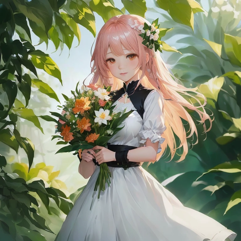 anime girl in white dress holding a bouquet of flowers, a maid in a magical forest, with flowers, guweiz on pixiv artstation, cute anime waifu in a nice dress, in dress, marin kitagawa fanart, beautiful anime portrait, made with anime painter studio, anime lush john 8k woods, guweiz