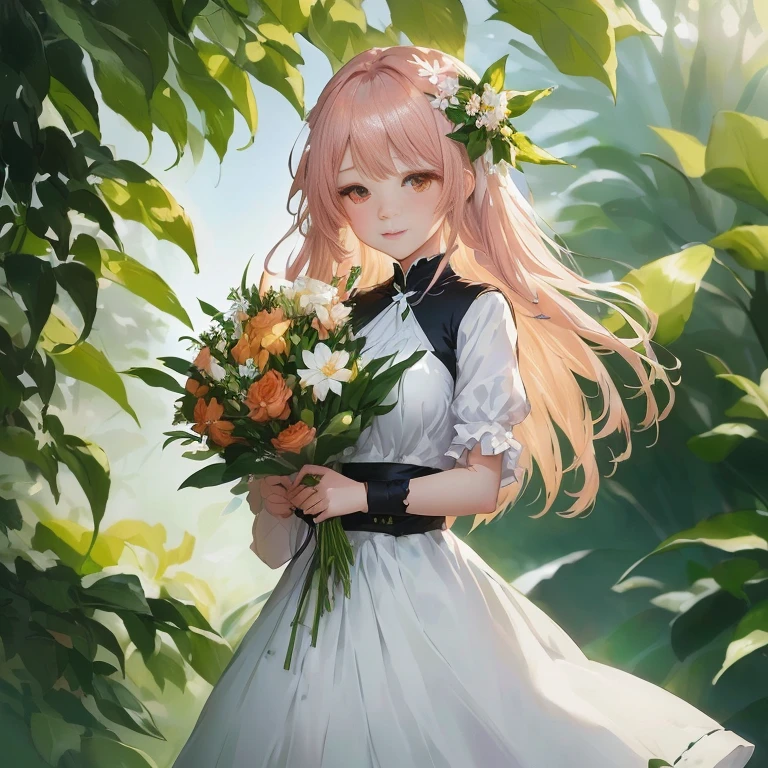 anime girl in white dress holding a bouquet of flowers, a maid in a magical forest, with flowers, guweiz on pixiv artstation, cute anime waifu in a nice dress, in dress, marin kitagawa fanart, beautiful anime portrait, made with anime painter studio, anime lush john 8k woods, guweiz