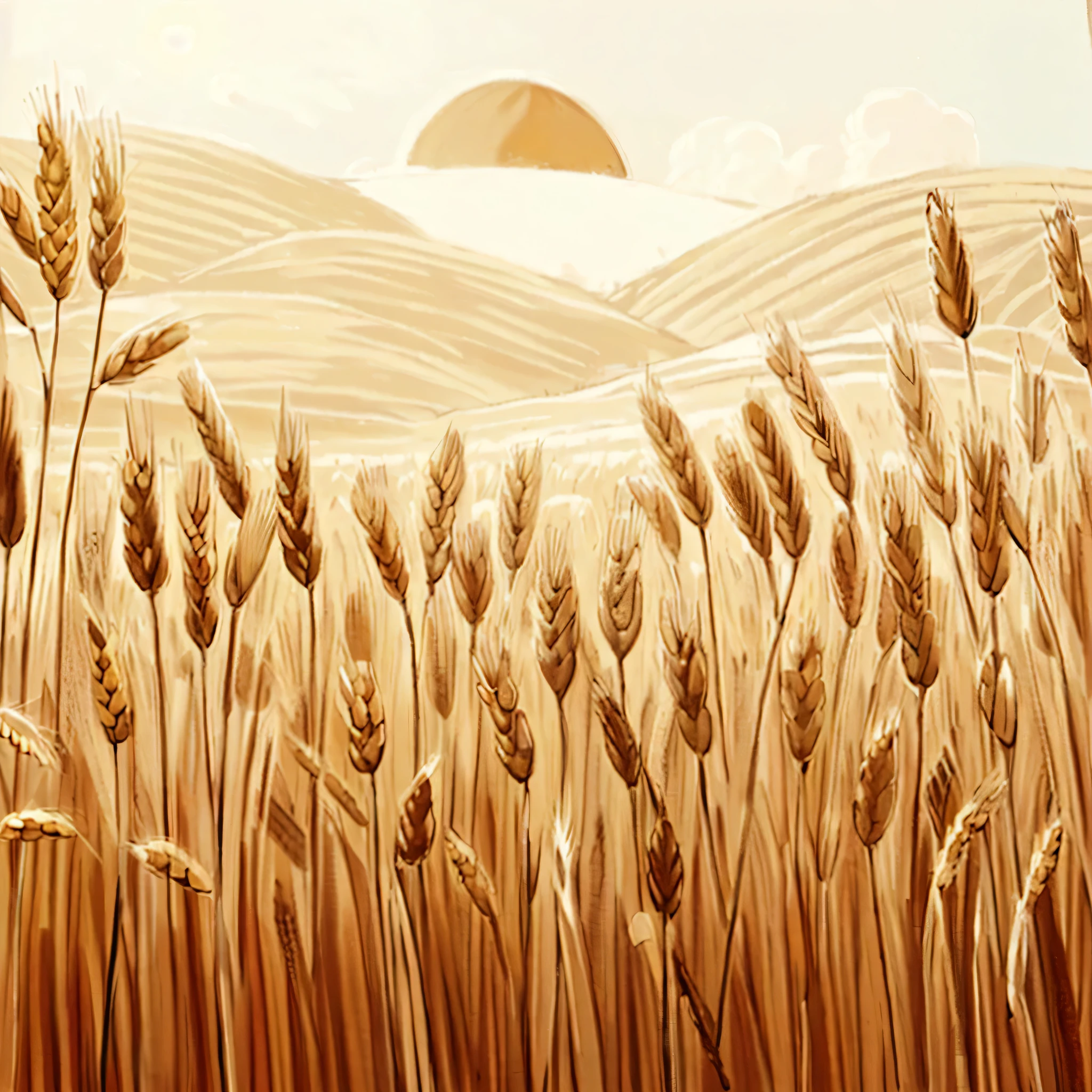 there is a picture of a field of wheat with a sun in the background, wheat fields, wheat field, immense wheat fields, on the vast wheat fields, high grain, empty wheat field, harvest, vast wheat fields, in a wheat field, by rainer hosch, ( ( ( grant wood ) ) ), blossom wheat fields, inspired by Grant Wood, slight grain