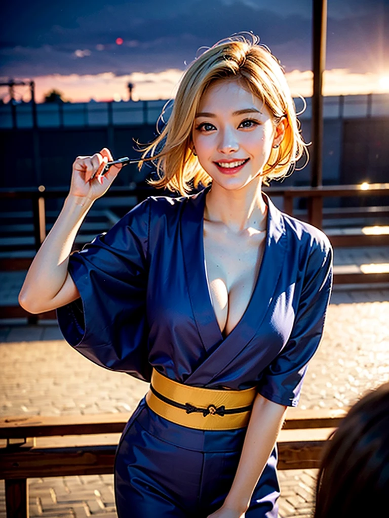 a beautiful young woman with blonde hair and blue eyes, smiling kindly at the audience, wearing a fashionable kimono with cleavage, in a highly realistic, dynamic movement, set against the backdrop of a Kyoto cityscape, masterpiece, best quality, 4k, 8k, highres, ultra-detailed, realistic, photorealistic, photo-realistic, HDR, UHD, studio lighting, ultra-fine painting, sharp focus, physically-based rendering, extreme detail description, professional, vivid colors, bokeh, portraits, landscape