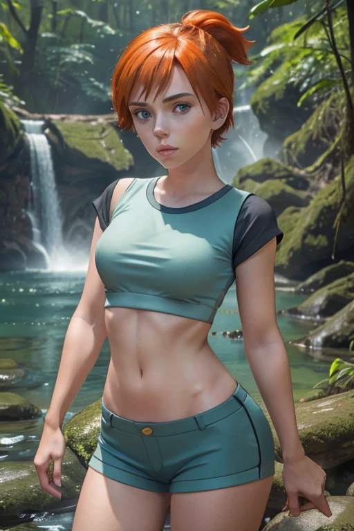 (masterpiece), best quality, expressive eyes, perfect face, (woods and waterfall background), (standing), (smirk), (closeup view), (1girl, age 18+, Scarlett Johansson, fair skin skin, orange hair, short hair, side-ponytail hairstyle, blue eyes, hourglass figure, thin body, skinny body, petite_body, small breasts, wide hips, thick thighs), (misty pokemon outfit, misty pokemon),