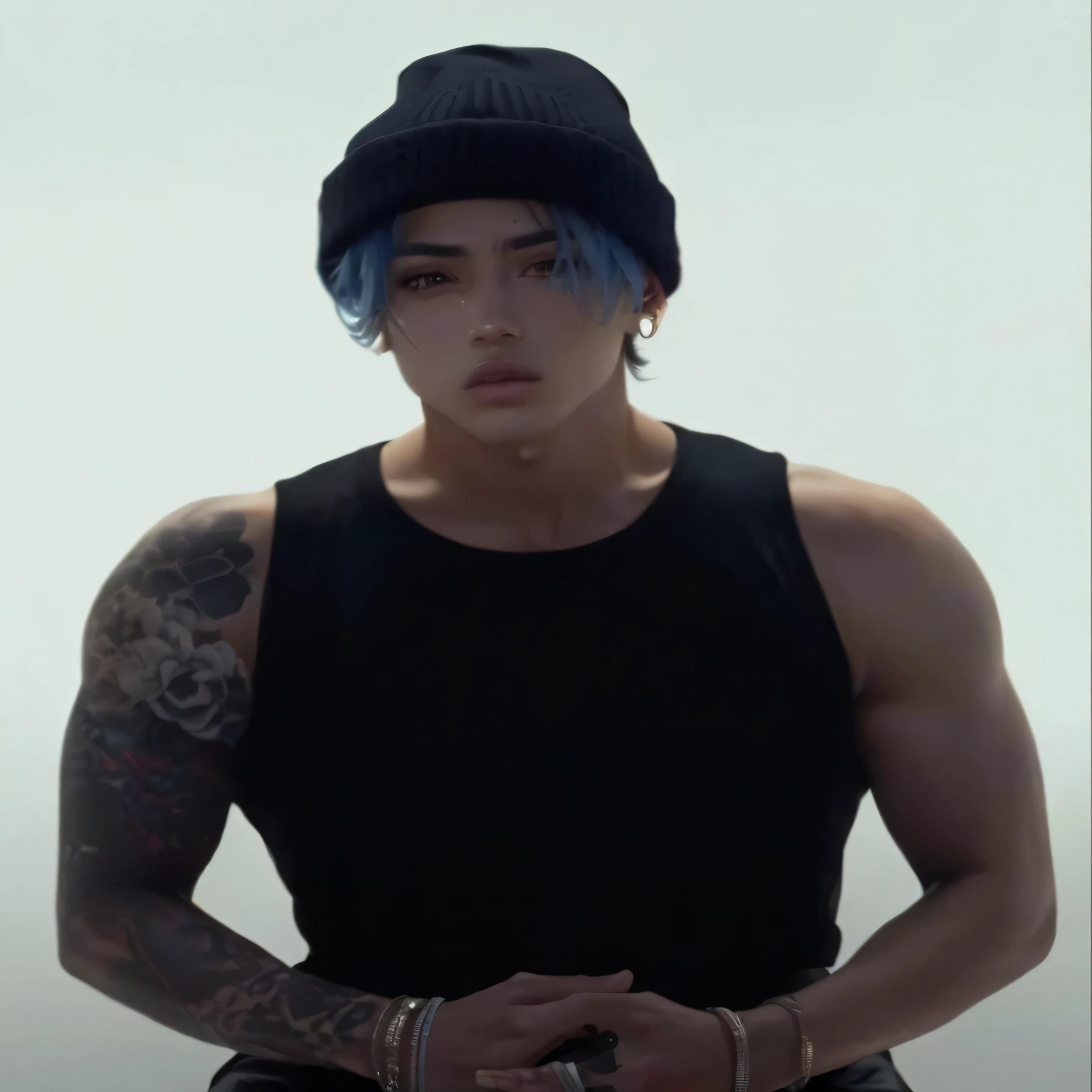 Hombre arafed con cabello azul y un top negro posando para una foto., kim taejin, androgynous person, androgynous male, an epic non-binary model, cai xukun, androgynous, jungkook, frame from a music video, hyung tae, ella lleva una camiseta sin mangas negra, modelo no binario, beautiful androgynous girl