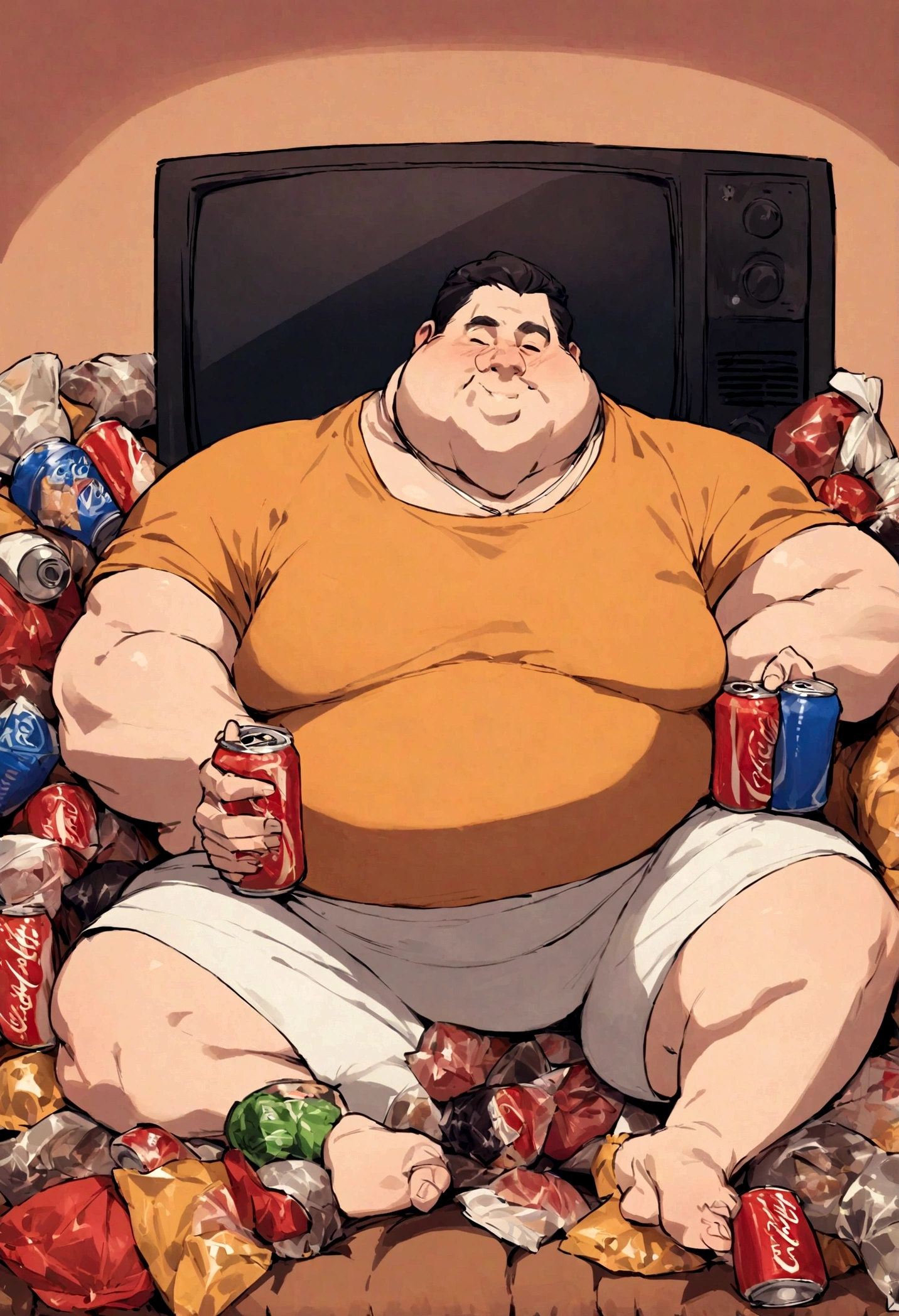 Illustrate Pete sitting on the couch looking very fat surrounded by empty snack bags and soda cans, with the TV flickering in front of him. Show his once fit and handsome appearance juxtaposed with the current scene of indulgence.