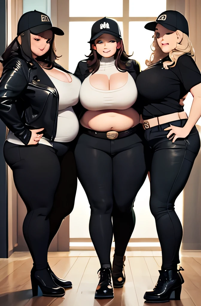 three extremely fat and large women hugging, huge bust, 300 pounds, black pants, massive stomach, lovehandles, smiling, bbw, plus size woman, belt, obese, hand on shoulder, wearing a baseball cap, black sweater, black jacket, voluptuous body, leaning backwards