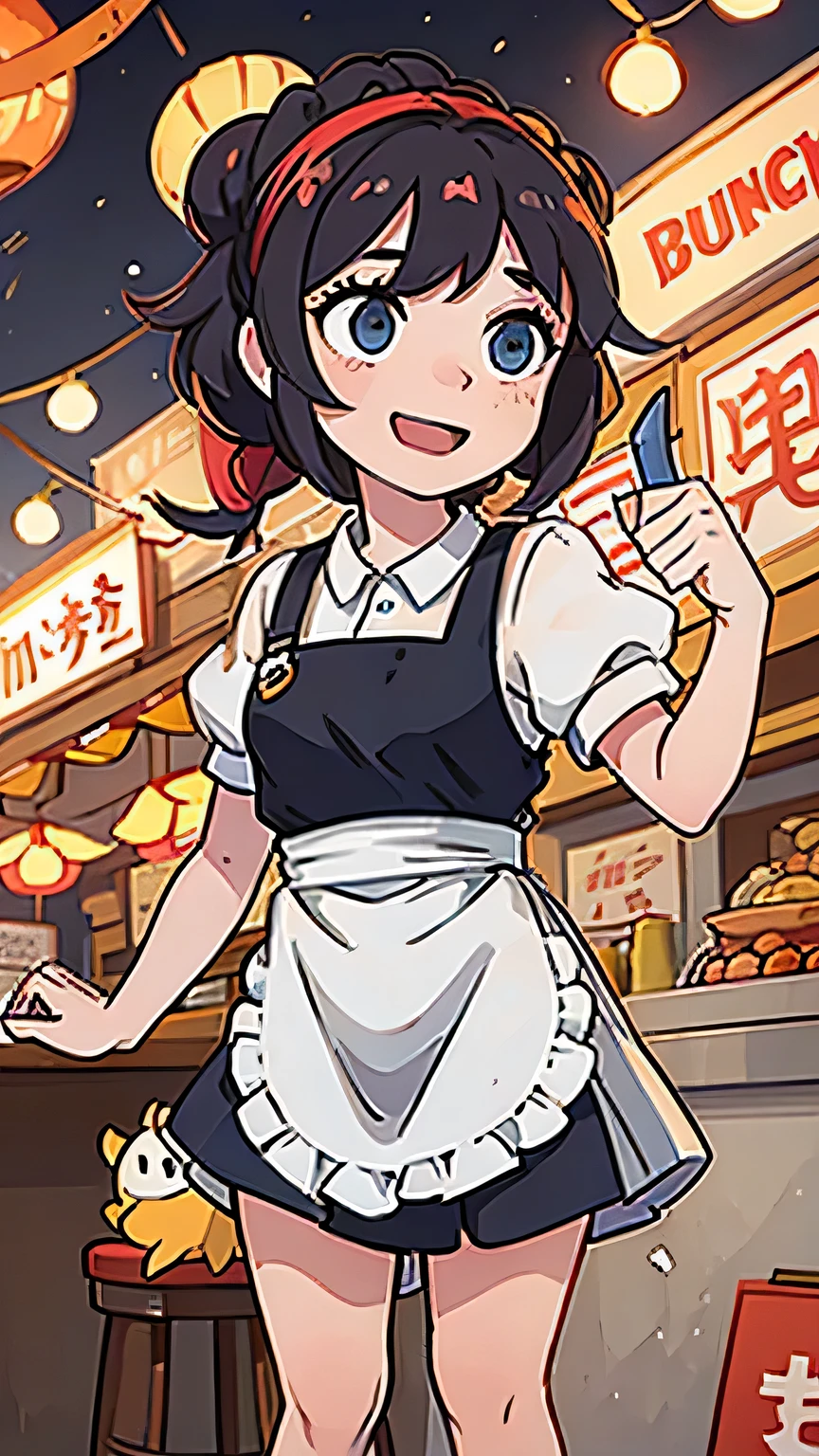 A cute 2D gourmet female cartoon character with big eyes, round face and bright smile, standing in front of the self-service counter, holding cutlery in her left hand and giving a thumbs up with her right hand. She is wearing brightly colored clothes and an apron with a gourmet pattern. She has a satisfied smile on her face and looks very happy. The background is a fantasy gourmet paradise. There are floating gourmet elements in the background, such as chicken legs, mushrooms, buns, skewers, etc. Some stalls, signs, lanterns and other elements can be added to create a lively atmosphere of the food street. Use bright and highly saturated colors, and the overall tone is warm, giving people a pleasant feeling.