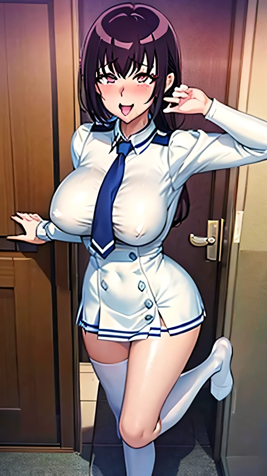 Full body portrait:1.3、masterpiece、highest quality、Beautiful woman、Extraordinary beauty、White shirt、Very short pleated skirt、(Crotch pose)、Knee socks、tie、Big Breasts 、Black-haired、A naughty smile to please a man:1.3、Beautiful feet、One woman、Sweaty、blush、(Miyukino Hoshizora's School Uniform):1.2、Wet costume、Detailed costume、Detailed skin、Detailed face、Opening the door to welcome guests、Panties are visible、Open your mouth and stick out your long tongue:1.2、Hot Breath