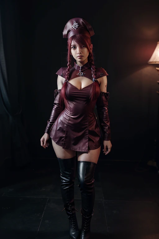 Enfermeira azarada,nurse hat,(Fantasia de enfermeira branca),tatuagem rosa vermelha,Blue Twist Braid,Fugir ,League of Legends ,lesbian full body,(knee high boots)),leggings coloshnet roxas),(standing),The background is dark and resistant,There is a feeling of danger and intensity。
