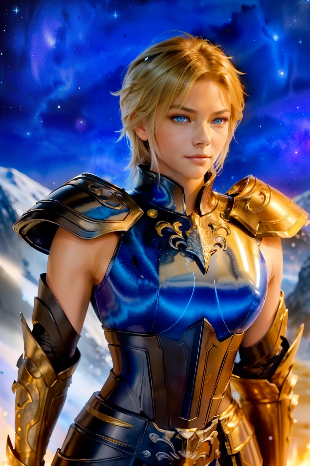 (high-quality, breathtaking),(expressive eyes, perfect face), 1girl, female, solo, half body, armor, dark onyx purple armor, saint seiya armor, spectre armor, fantasy armor,blonde, blue eyes, short hair, yellow eyes, ( watercolor \(medium\), night sky background, ice, small smile, zoom out