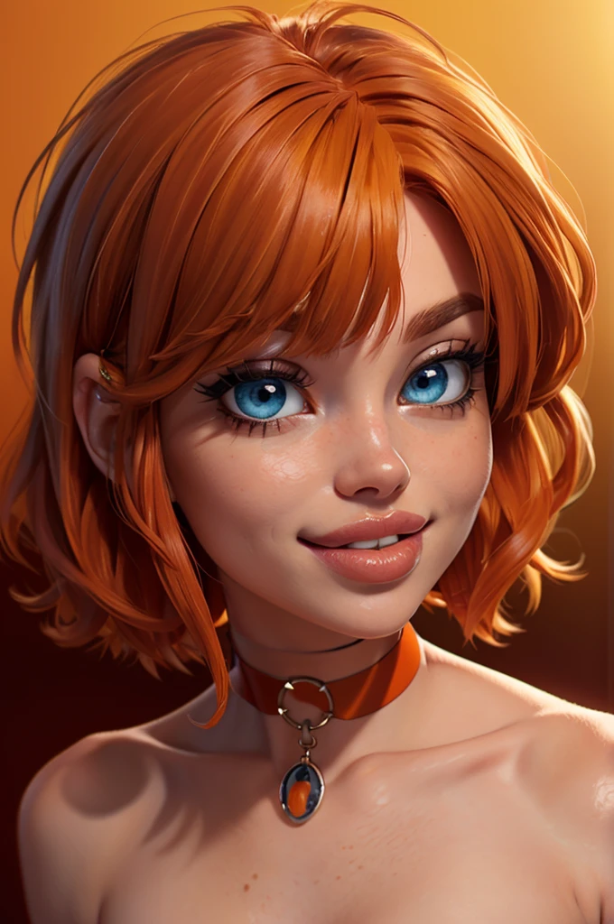 1girl, big clear eyes, eye contact, (small breasts:1.2), red choker, wide view, parted lips, pulpy lips, bright orange hair, showing off skirt, short messy hair, bangs, highly detailed, soft tones, extreme detail, no background, (detailed textures:1.1),  dramatic light, happy smile, high Depth Of Field, slight fisheye lens