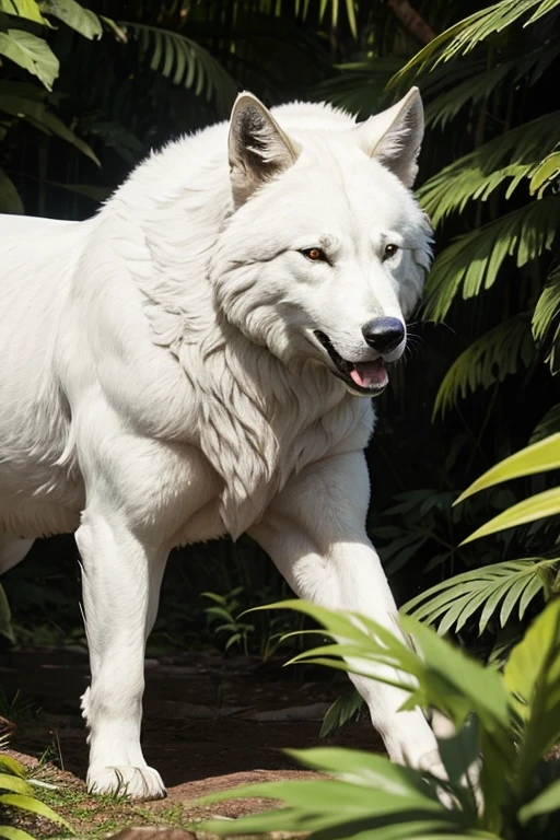 Lobo branco cercado por homens armados em uma floresta 