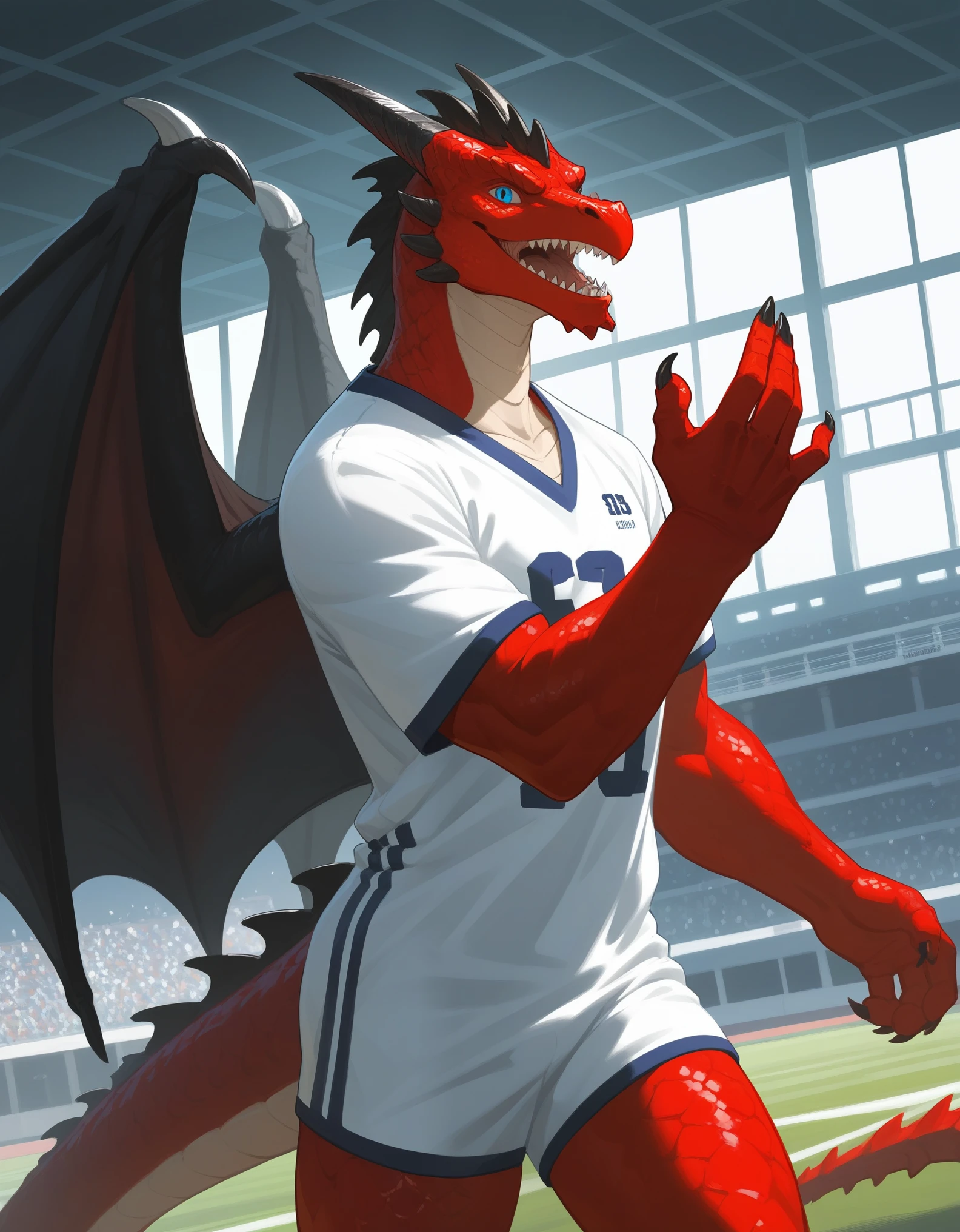 Solo, score_9,score_8_up,score_7_up, source_furry, an Anthro black dragon, black scaley body, tall male, blue eyes, black wings, some red scales, wearing red football jersey with the number 7 on it, standing, indoors, grinning, sharp dragon teeth, outdoors, epic art, epic pose