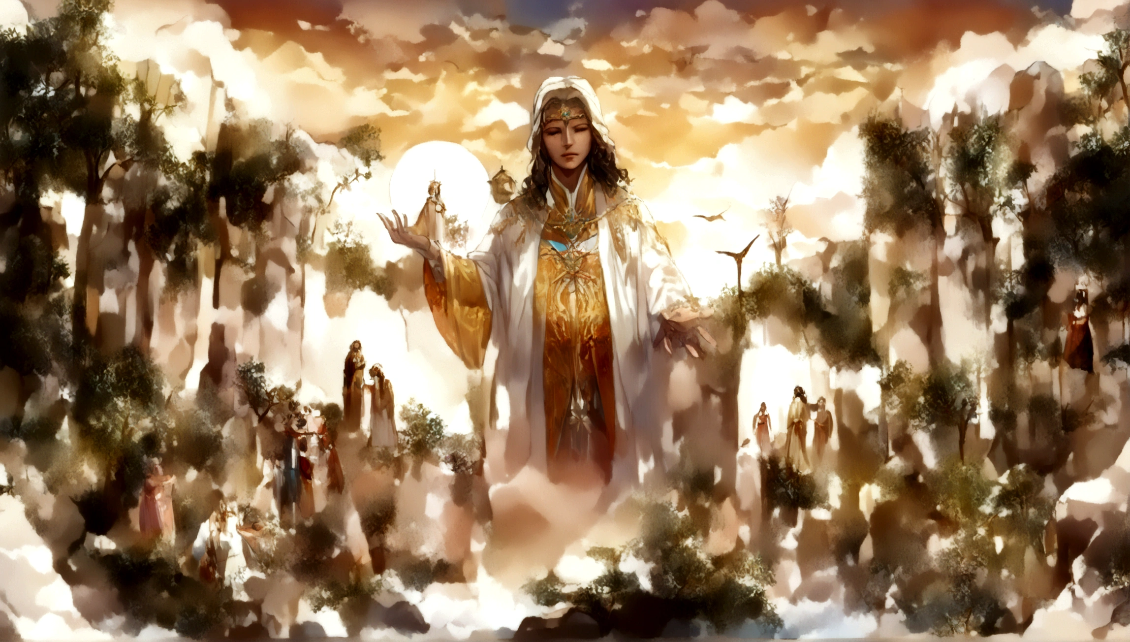 (melhor qualidade,4k,8K,Alto,parte mestre:1.2),ultra-detalhado,(realista,fotorrealista,fotorrealista:1.37),Jesus Cristo,Estilo de arte tradicional,lively and dynamic brushstrokes,Ancient playful scene ,Charismatic expression,Postura Humilde,historical portrait,Recursos nobres,estilo de pintura de tinta e lavagem,finely detailed facial features,dynamic composition,Paradisiacal setting,olhar confiante,,ambiente com Luz do sol dourada iluminando a cena,Aura Angelical,atmospheric perspective,Explosive lighting,Jesus with open arms at sunset