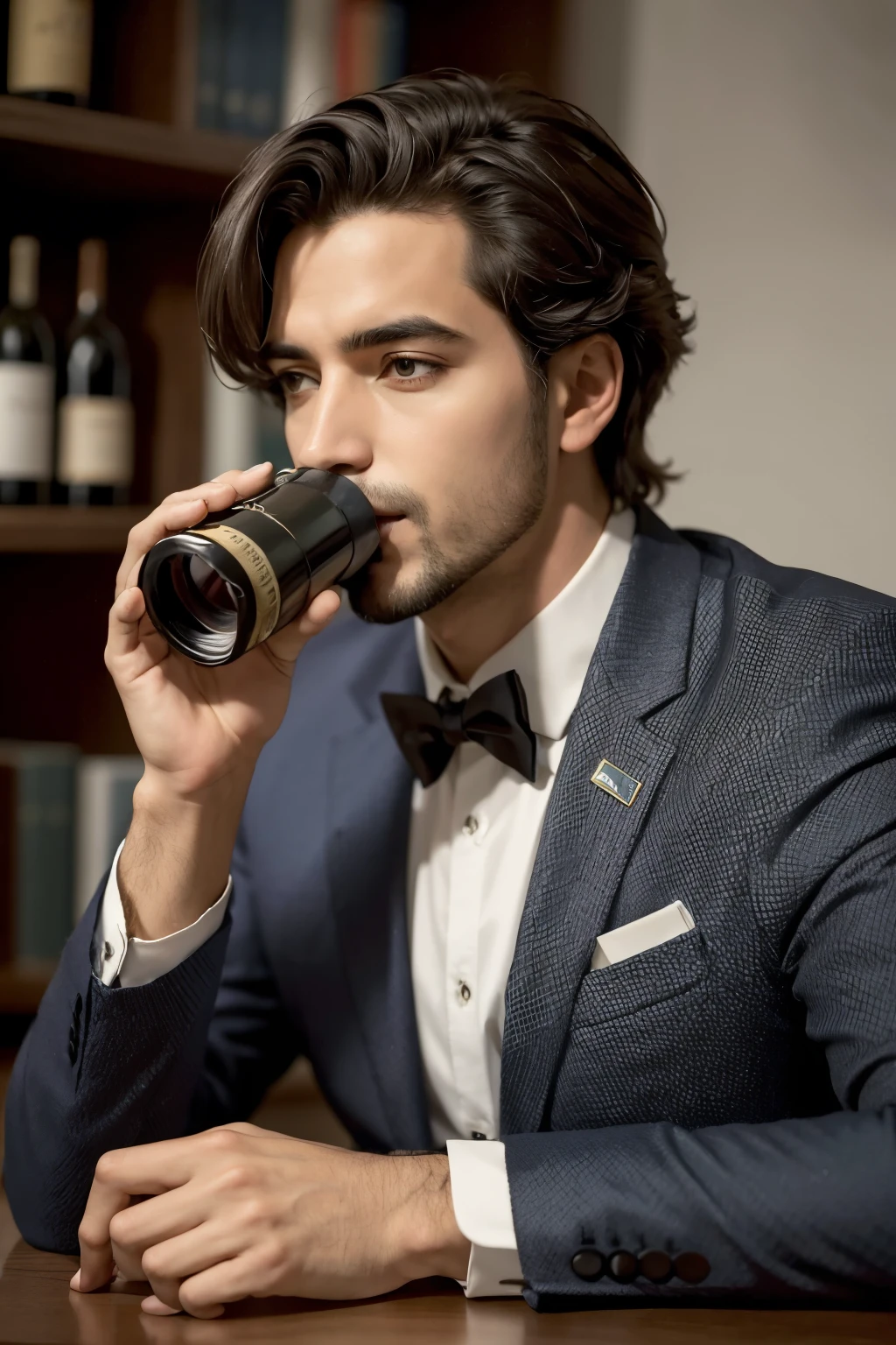 ((melhor qualidade)), ((Obra de arte)), (detalhado), A man with fancy binoculars and drinking wine