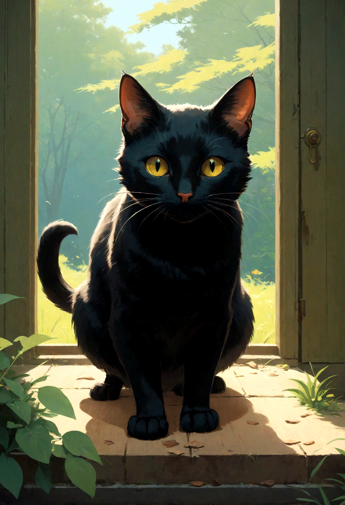 A cute black cat is hunting a mouse, illustration by Hergé, perfect coloring, 8k, poster, illustration, acrylic painting, trending on pixiv fanbox, palette knife and brush strokes, style of makoto shinkai jamie wyeth james gilleard edward hopper greg rutkowski studio ghibli genshin impact, acrylic painting, trending on pixiv fanbox, palette knife and brush strokes, style of makoto shinkai jamie wyeth james gilleard edward hopper greg rutkowski studio ghibli genshin impact