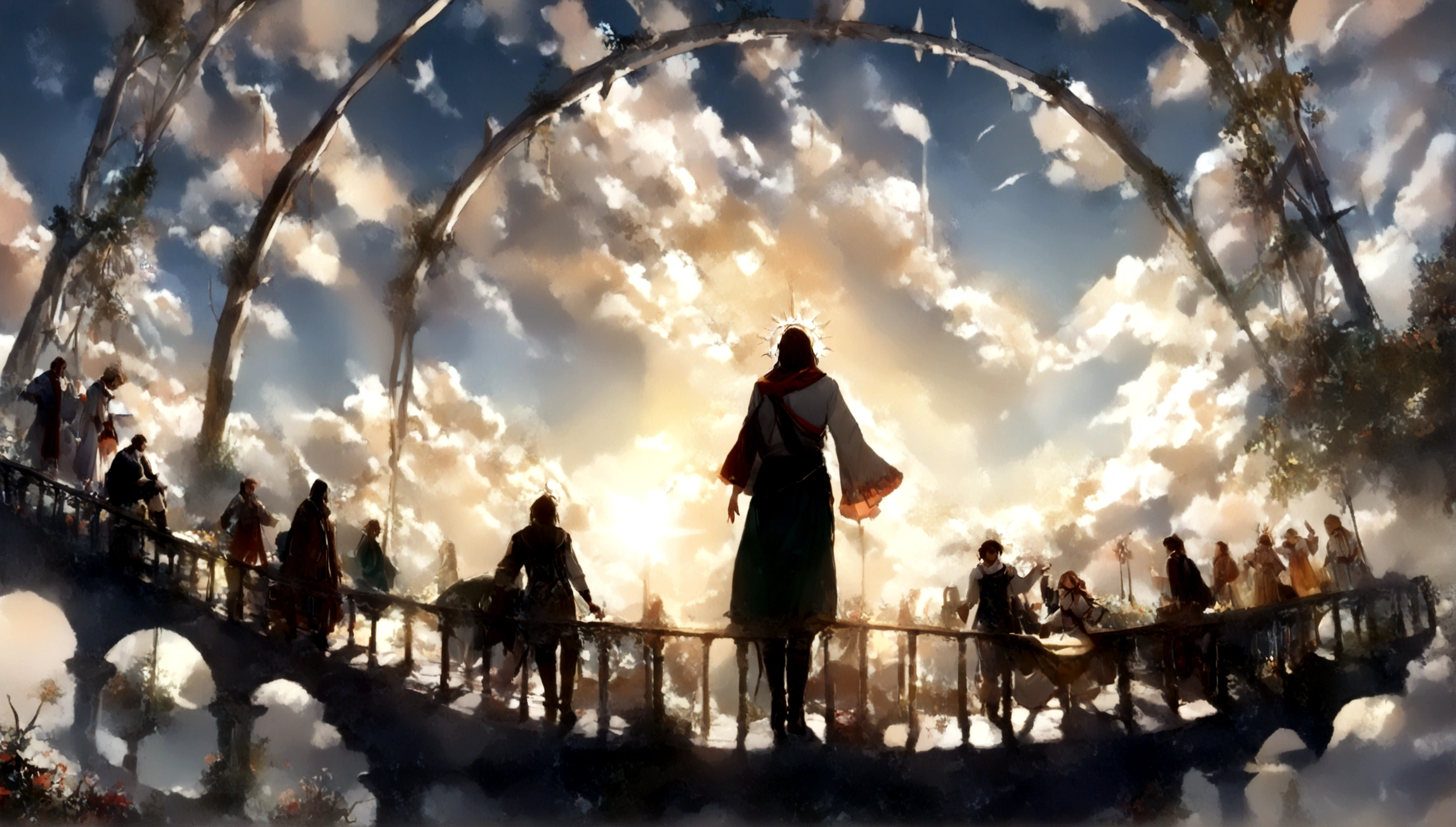 (melhor qualidade,4k,8K,Alto,parte mestre:1.2),ultra-detalhado,(realista,fotorrealista,fotorrealista:1.37),Jesus Cristo,Estilo de arte tradicional,lively and dynamic brushstrokes,Ancient playful scene ,Charismatic expression,Postura Humilde,historical portrait,Recursos nobres,estilo de pintura de tinta e lavagem,finely detailed facial features,dynamic composition,Paradisiacal setting,olhar confiante,,ambiente com Luz do sol dourada iluminando a cena,Aura Angelical,atmospheric perspective,Explosive lighting,Jesus with open arms at sunset