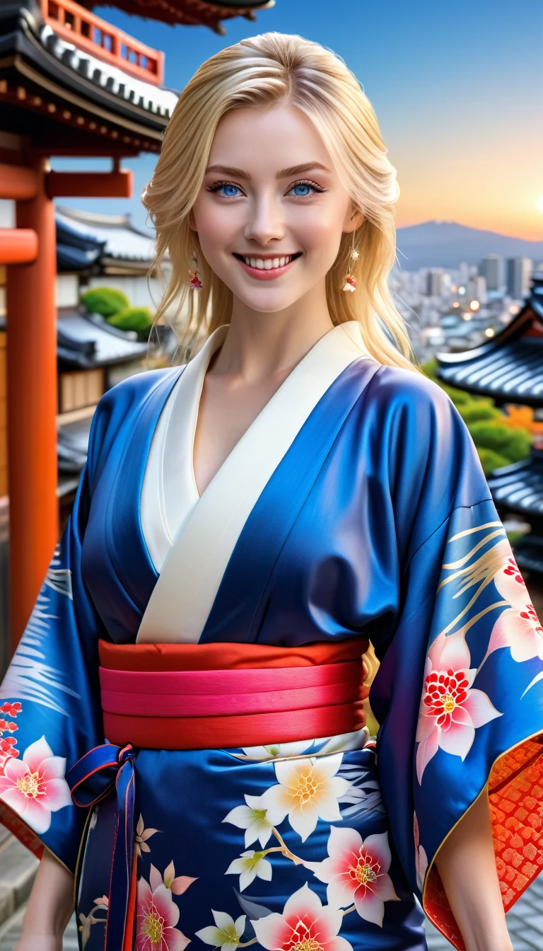 a beautiful young woman with blonde hair and blue eyes, smiling kindly at the audience, wearing a fashionable kimono with cleavage, in a highly realistic, dynamic movement, set against the backdrop of a Kyoto cityscape, masterpiece, best quality, 4k, 8k, highres, ultra-detailed, realistic, photorealistic, photo-realistic, HDR, UHD, studio lighting, ultra-fine painting, sharp focus, physically-based rendering, extreme detail description, professional, vivid colors, bokeh, portraits, landscape