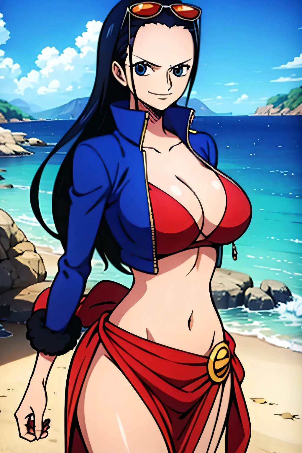 Robin de One Piece, sexy pose, What if , Elly, Red sari, 8k, anime, Shore, Big Boob, large ass, Perfect sexy looks quality blue eyes Nico Robin, 1girl, aqua eyes, Black hair, breasts, cleavage, closed mouth, collared jacket, cowboy shot, crop top, Cropped jacket, Extra hands, eyewear on head, hair slicked back, hand up, High collar, jacket, big breasts, long hair, looking at the scenes, midriff, Navel, plunging neckline, posing, sarong, short sleeves, smile, solo, Standing, stomach, sunglasses, very long hair, outdoors, sea, Full body high heels legs vessels