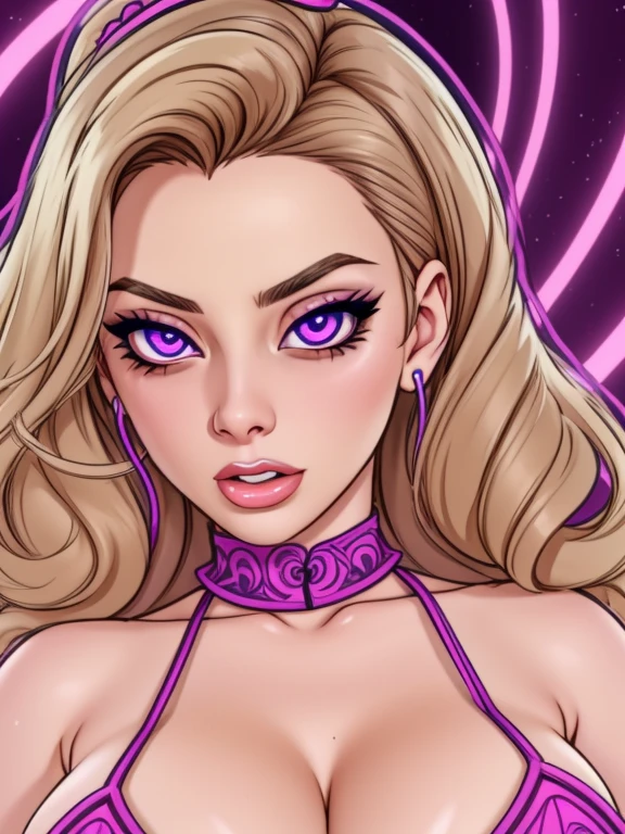 [ Anita Ekberg | Lana Rhoades], NeonHypnoPMV Style,  purple eyes, extremely detailed eyes, ( Pump ) 
 