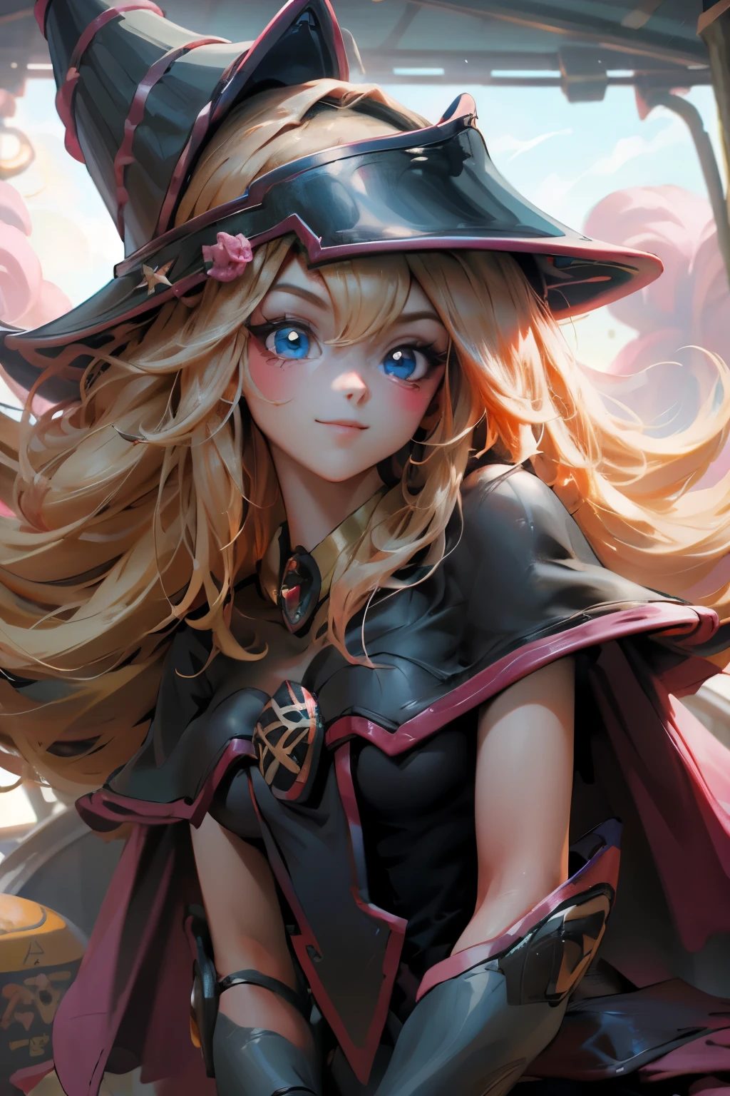 Hermoso rostro de dark magician gils, ojos azules. Labios rosados. Cabello rubio y largo. Ombros descubiertos, sonrisa angelical, hermoso rostro bien detallados de dark magician gils.