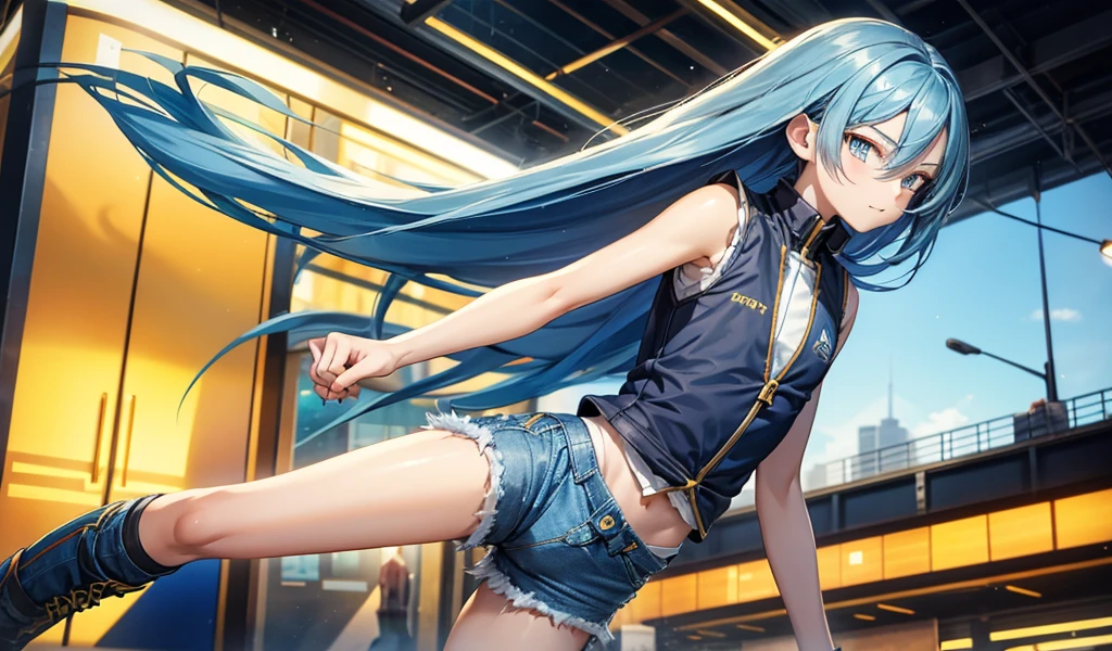 twelve year old boy,Long blue hair,Golden Eyes,flat chest,Very slim figure,sports,Vest,Thin legs,Denim shorts,City