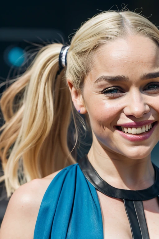 Emilia Clarke with dyed blonde pigtail hair dressed in light clothing in clear weather and a sexy smile.