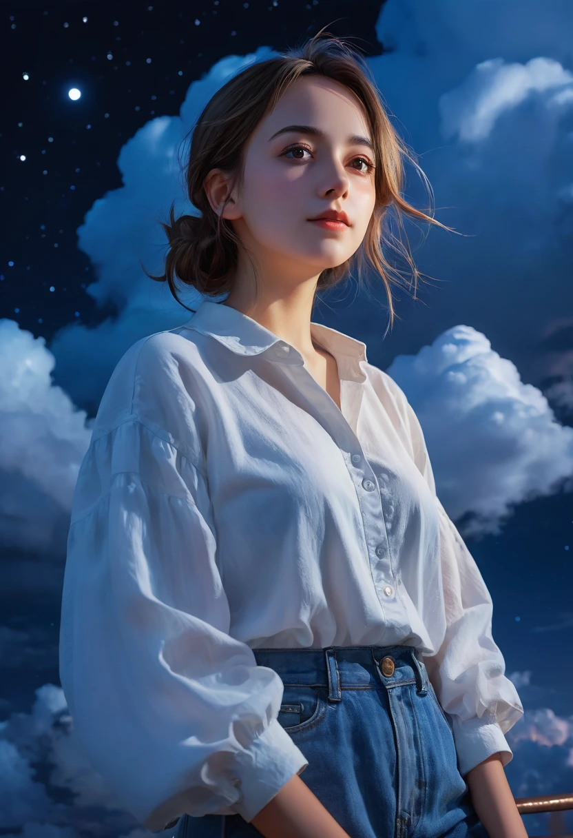 girl in light clothing, style artist oyari ashito, against the night sky, night, portrait, satisfaction, enjoyment, dark exposure, bright colors, the highest quality, the highest detail, first-person view, dark tones, clouds,