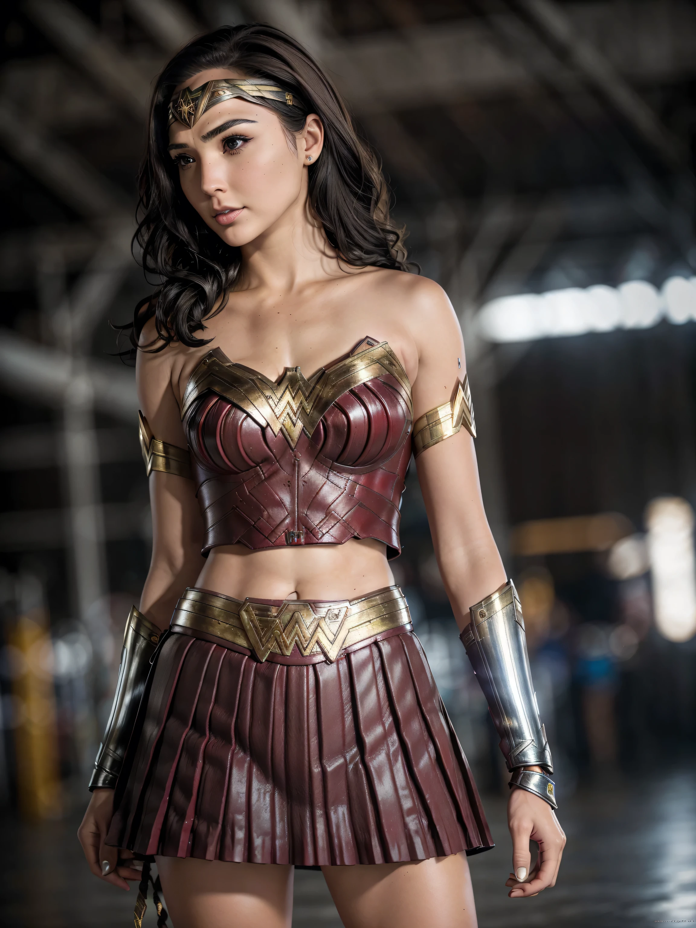 photorealistic Realism 8K, 16K, Quality: (Hyper absurd quality, extremely detailed detail, hyper resolution, clear sharp focus, not blurry, Realistic brown_eyes), ((perfect dark_eyeshadows:1.45)), (super Detailed, beautiful little nose:1.2), (perfect composition), (Wonder Woman Cosplay), incredibly similar to the original outfit from the WW movie, dynamic stance, face focused on the target in the distance, ready to fight, ((Neon Wonder Woman Lasso Of Truth)), beautiful cheekbones, double eyelids, dslr, best high quality soft lighting, sharp focus captured by Fujifilm XT3, f 5.6, in a dramatic lighting, ((perfect composition)), ((pale skin)), ((dry skin)), ((clear and detailed film scene from World War II battlefield), ultra absurd details quality:1.3), (luxury leather Wonder Woman Cosplay:1.25),((Red pleated mini skirt:1.35), ultra absurd details quality:1.3)