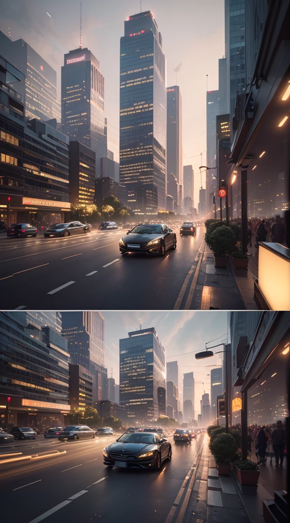 intricate cityscape, wide avenue, crowded with cars, soft lighting, low lighting, halo lighting, headlight motion blur, photorealistic, cinematic lighting, architectural details, atmospheric, (best quality,4k,8k,highres,masterpiece:1.2),ultra-detailed,(realistic,photorealistic,photo-realistic:1.37)