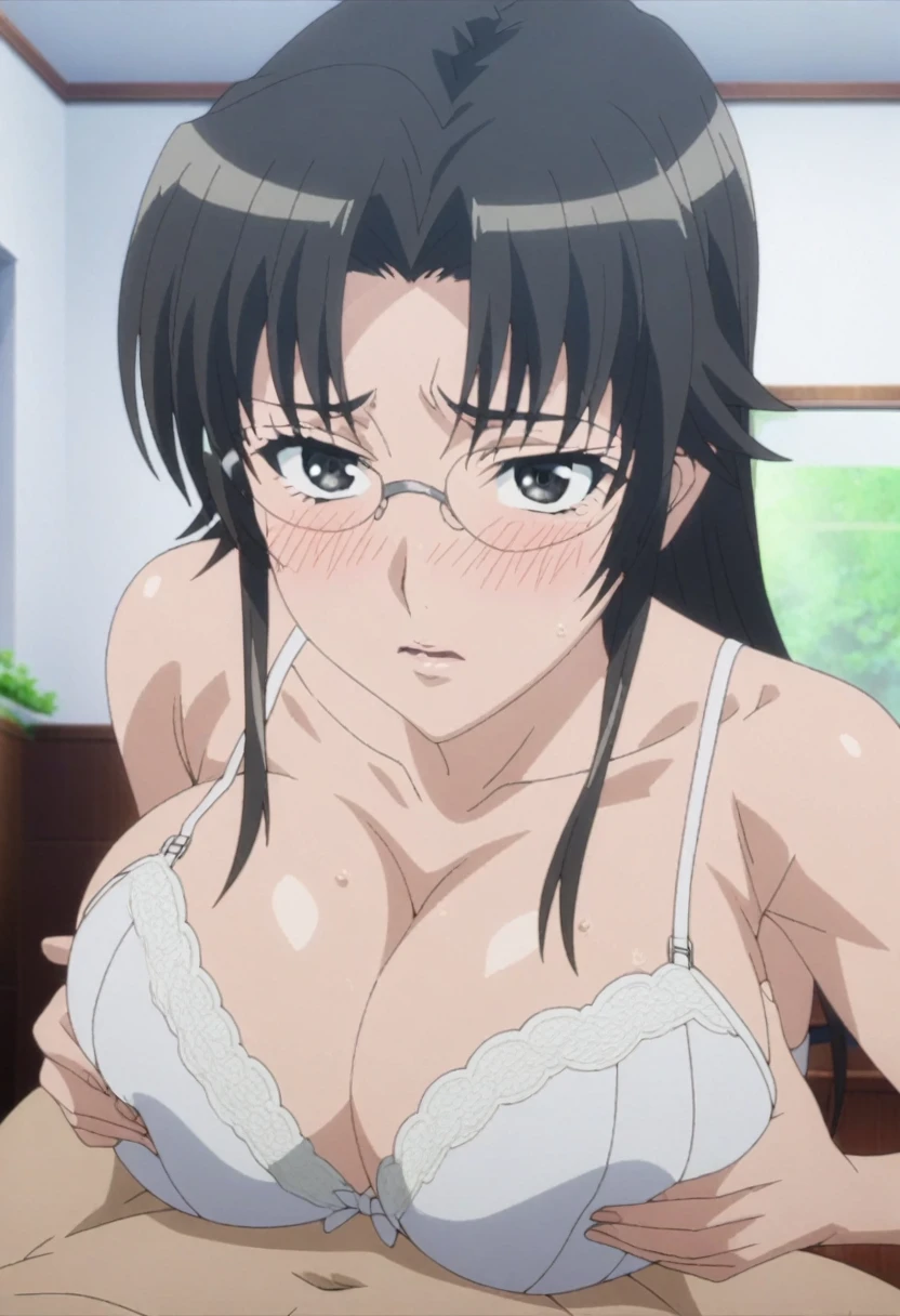 aavenus, BREAK,official art, POV, 1boy, paizuri, breast squeeze, anime screencap, upper body, 1girl, glasses, white lace bra, (large breasts:1.2), long hair, black hair, hair bow, black eyes, blush, indoors, (1990s (style):0.8), looking at viewer, nsfw, masterpiece, best quality, very aesthetic, absurdres