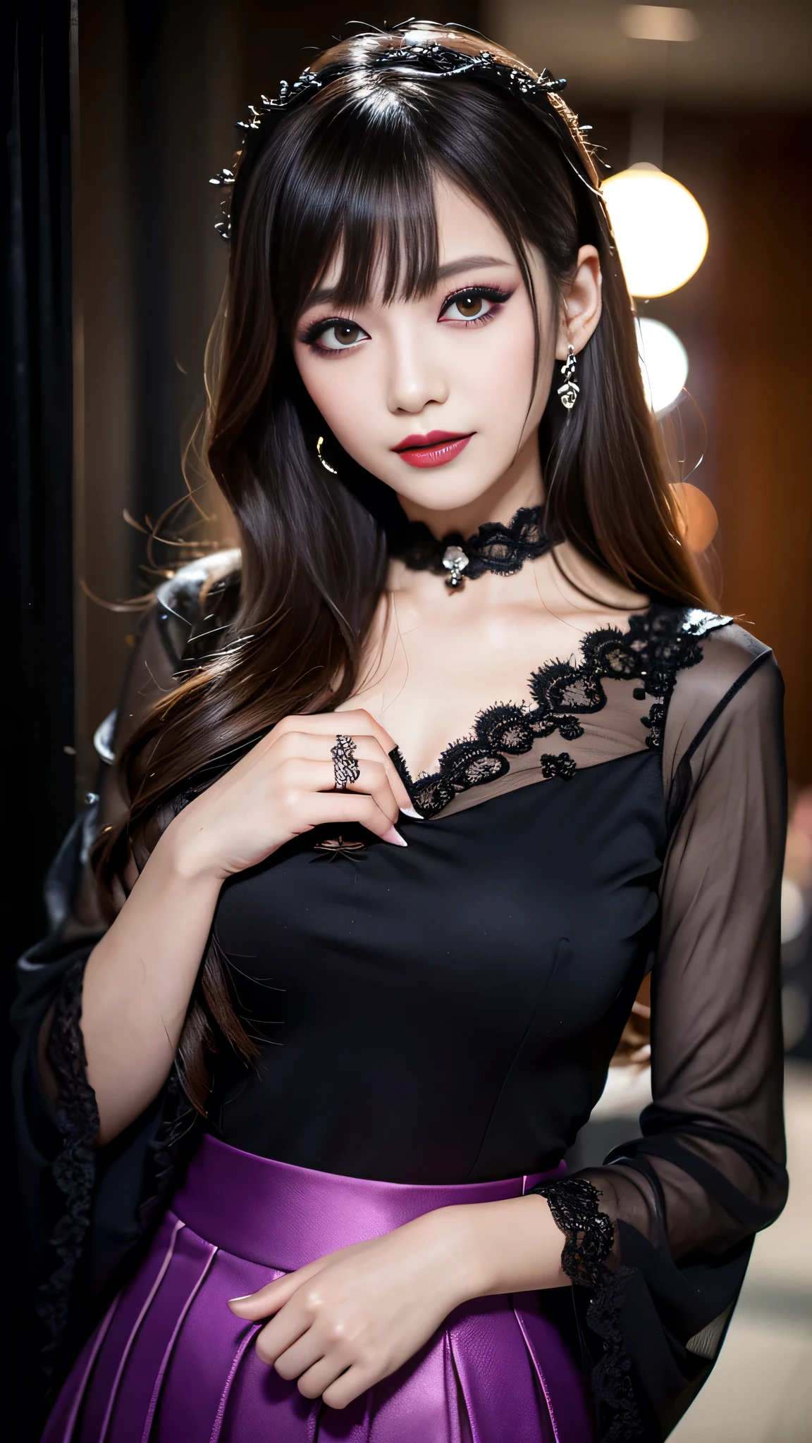 best quality、ultra-detailed、8k、Japanese、Japanese、Seductive beauty、seductive adult woman、Pretty Woman、cool girl、Villainess、brainwash makeup、Brainwashed、brainwash、Fallen into evil、smirk、Evil look、Wicked Smile、evil、Brown hair、wavy hair、swept bangs、dark makeup、dark makeup、piercing eyes、hollow eyes,half-closed eyes、Hollow Eyes、purple Eyeshadow、black lipstick、black lipglos、Lace fabric、black party dress、Wide sleeves、flare skirt、night、inside darkroom、Are standing、Look、Offer、shoot from below、Make up、Hold a small makeup brush、Swear allegiance、I have pledged my allegiance、Seduce、Evil female executive、Female Combatant