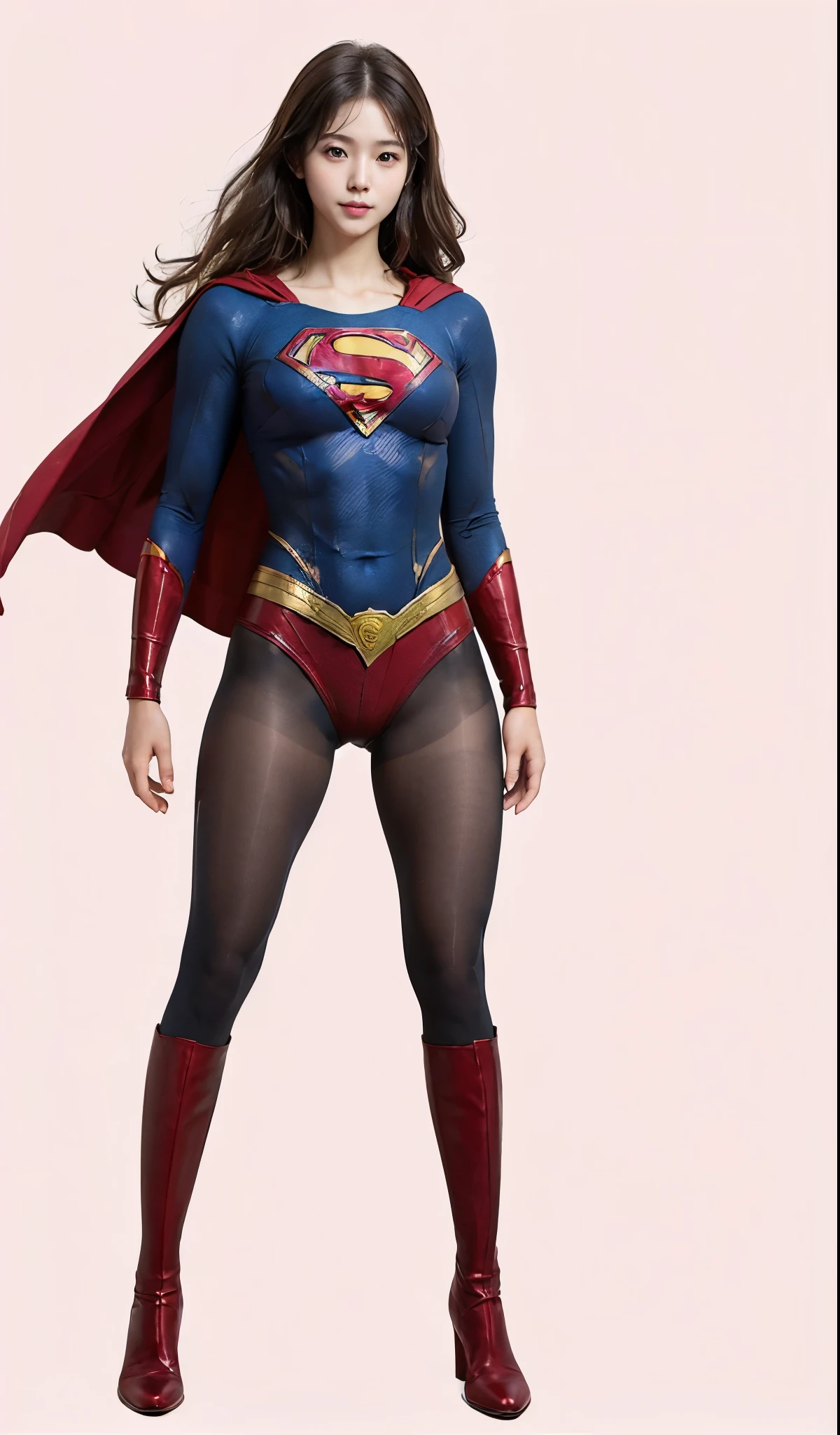 No background、(((Beautiful legs in black tights.)))、(((Legally express the beauty of your smile)))、((((Make the most of your original images)))、(((Supergirl Costume)))、(((Beautiful hairstyle)))、(((suffering)))、(((Please wear black tights....、Wear red boots)))、((Best image quality、8k))、((highest quality、8k、masterpiece:1.3))、(((Preserve background )))、Sharp focus:1.2、Beautiful woman with perfect figure:1.4、Slim Abs:1.2、Wet body:1.5、Highly detailed face and skin texture、8k