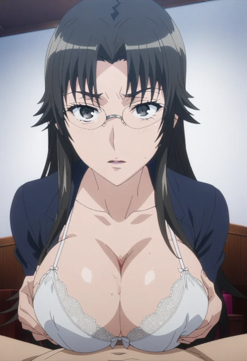 aavenus, BREAK,official art, POV, 1boy, paizuri, breast squeeze, anime screencap, upper body, 1girl, glasses, white lace bra, (large breasts:1.2), long hair, black hair, hair bow, black eyes, indoors, looking at viewer, nsfw, masterpiece, best quality, very aesthetic, absurdres